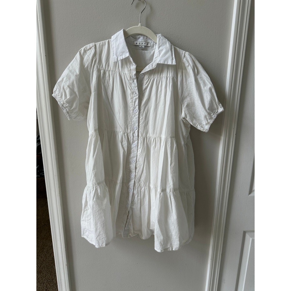 Hyfve White Cotton Tiered Babydoll Button Down Mini Dress Womens Small
